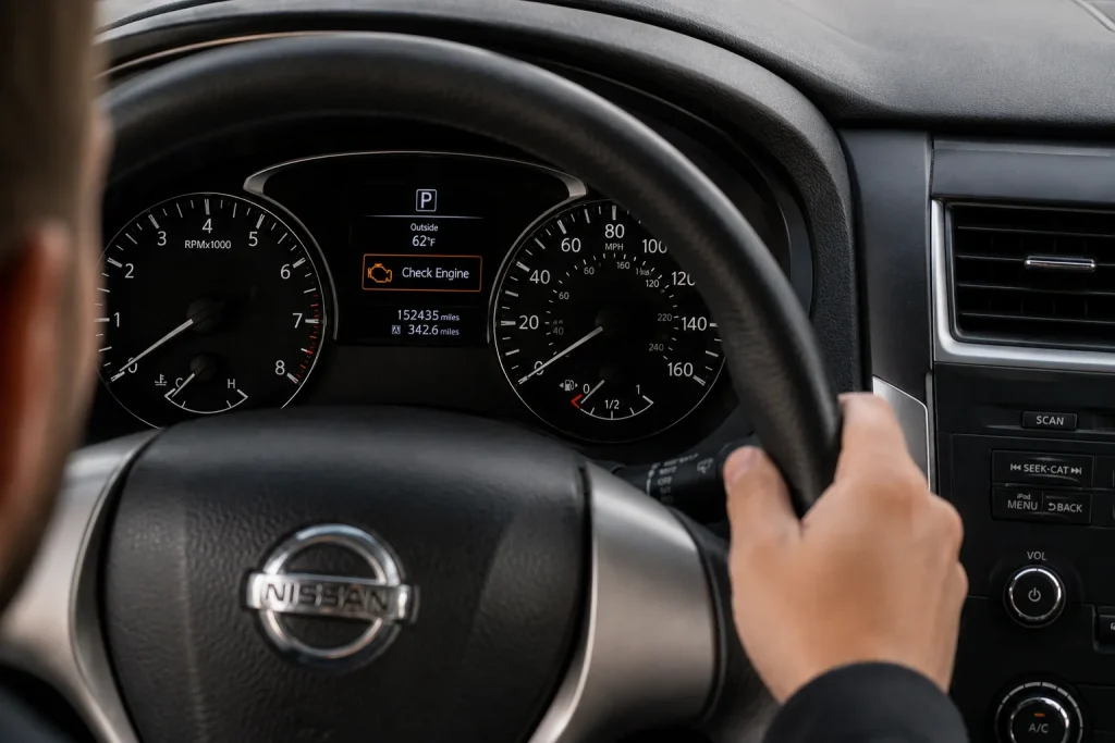 Nissan dashboard displaying a check engine warning