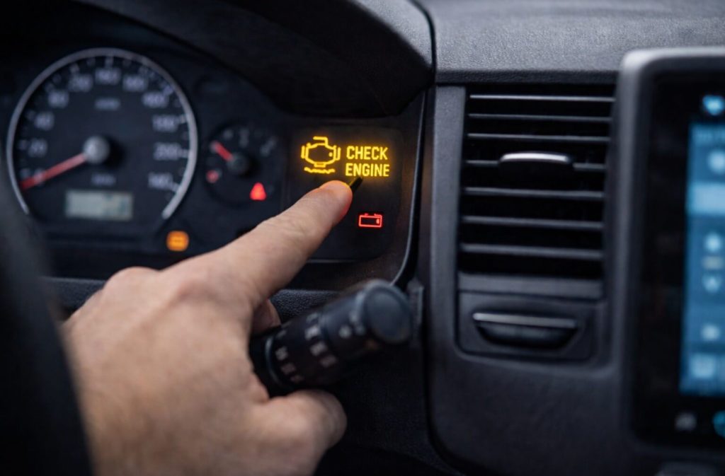 finger pointing to the check engine light on the dashboard of there vehicle