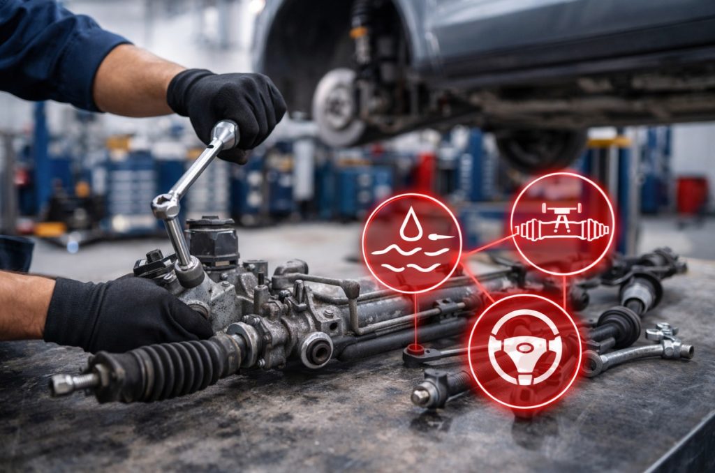 One of our mechanics working on a steering rack for a customer's car in Grand Haven, MI