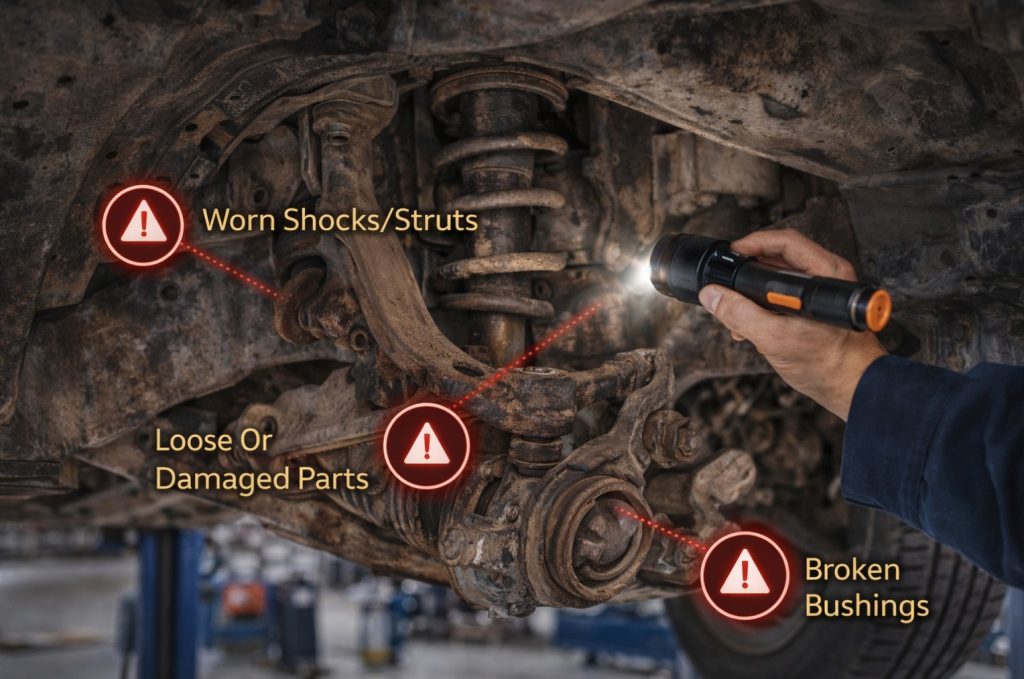 european auto mechanic in Grand Haven using a flashlight to inspect a vehicles suspension system