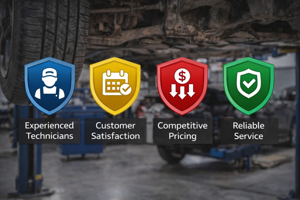 image showing the undercarriage of a vehicle with 4 shield icons with reasons to choose EuroAsian Auto Care in Grand Haven, MI for your suspension and steering repairs