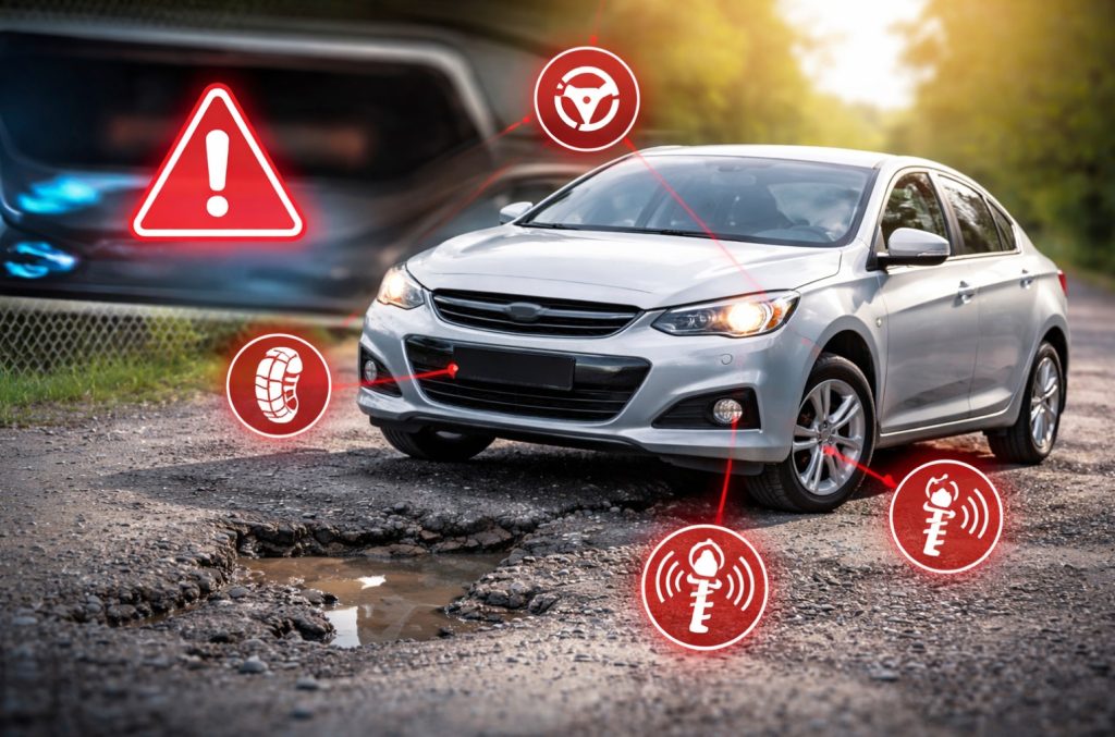 image of a silver car driving in Grand Haven that has small red hazard warning icons for possible suspension problems