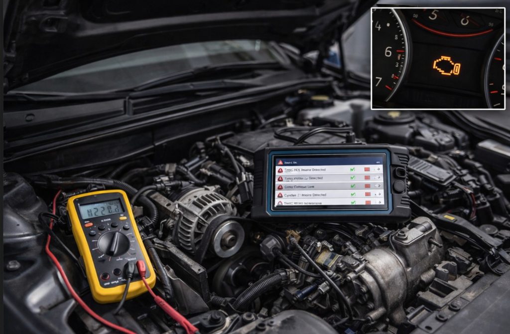 engine with a multimeter and computer scanner to check the electrical system as the check engine light is on
