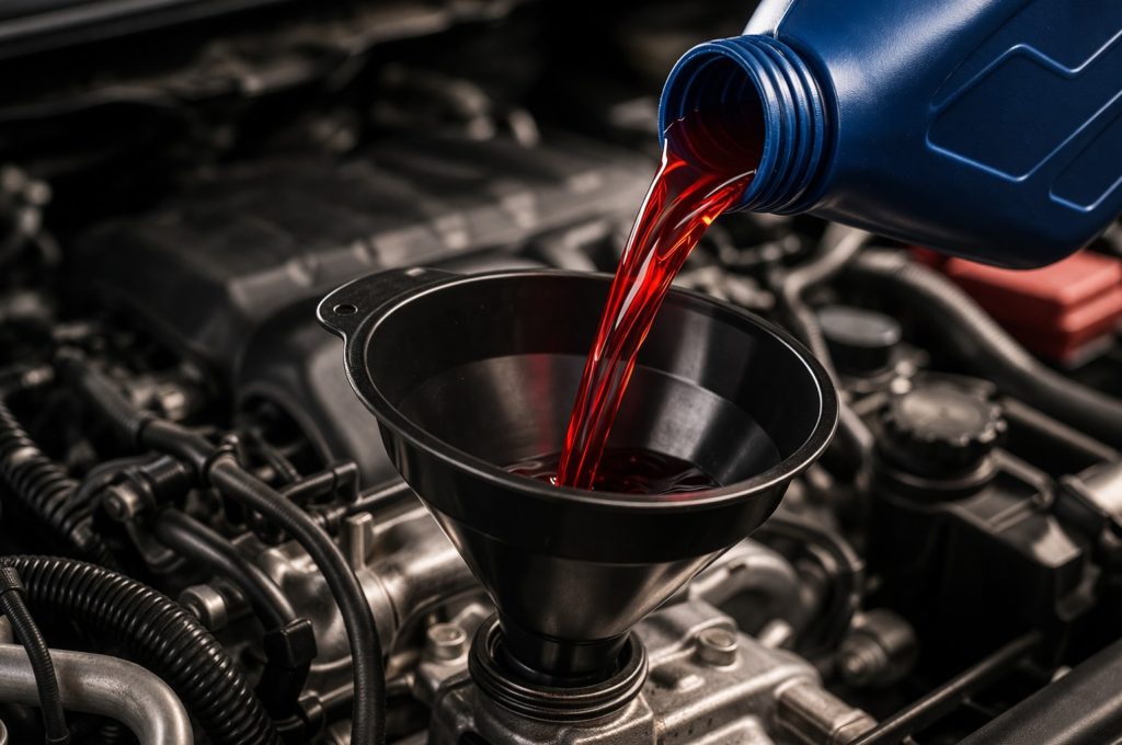 transmission fluid being poured in a slightly older model Audi using a black funnel here in Grand Haven, MI
