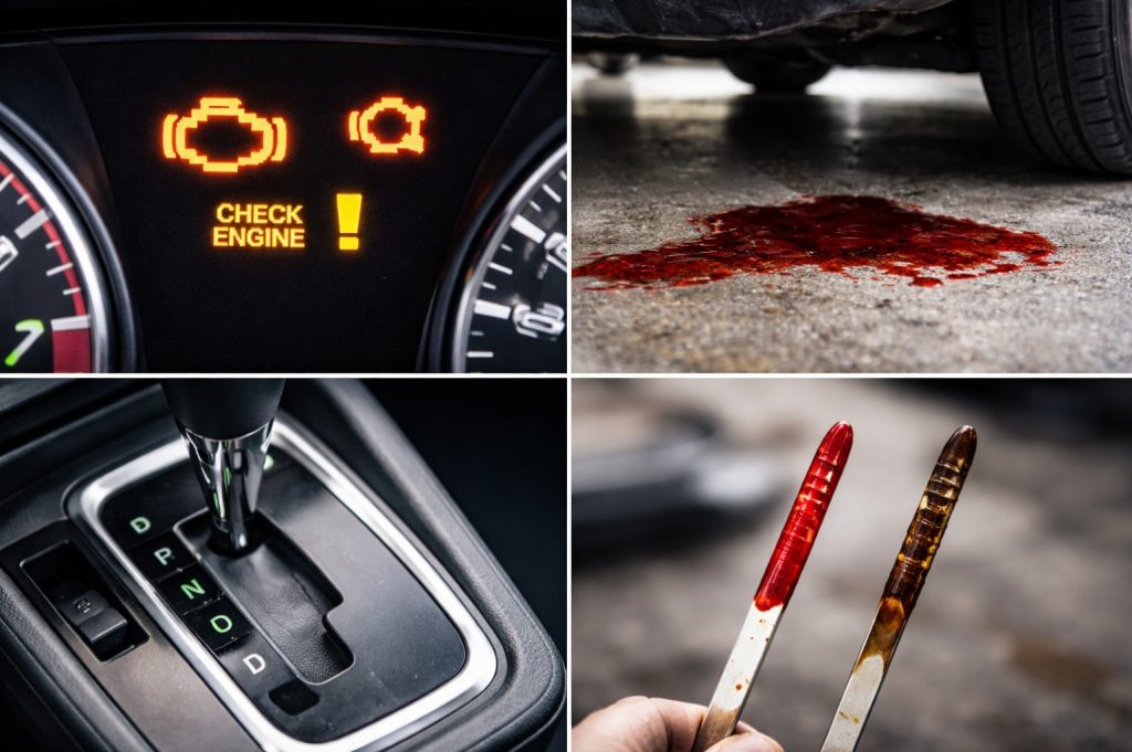 collage of pictures showing transmission light on the dash, transmission fluid on leaking on the ground, dipsticks showing clean transmission fluid vs old used transmission fluid, and an automatic shifter