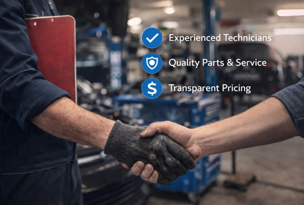 happy transmission repair customer shaking the hand of the technician who fixed it for them.