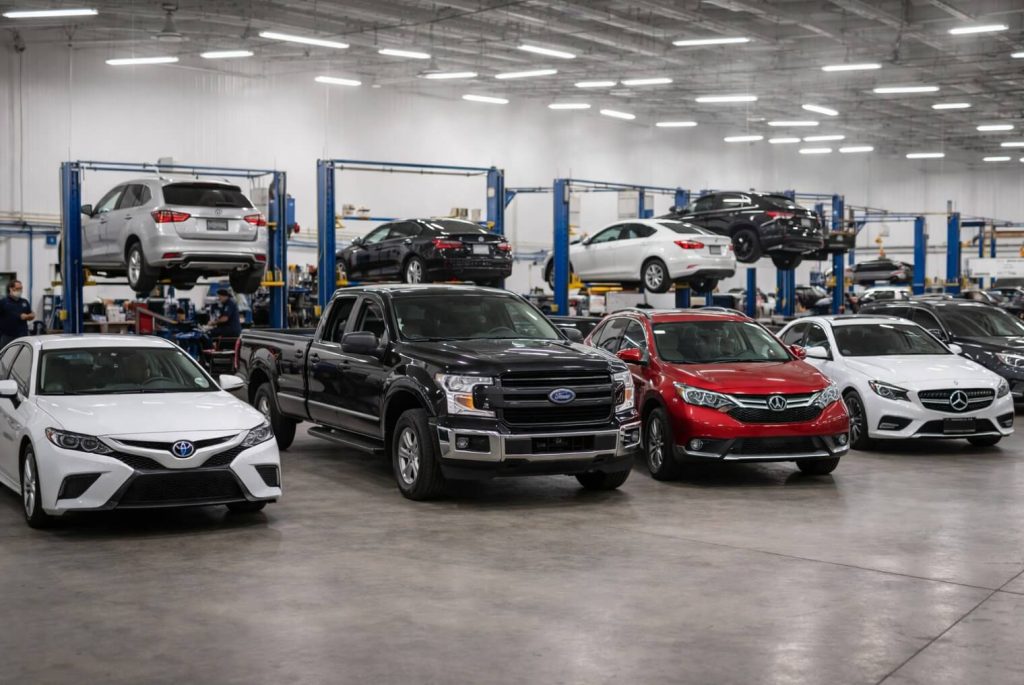 various american and european cars lined up in our Grand Haven repair shop