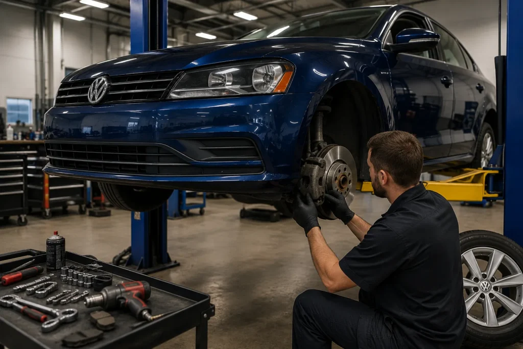 Technician inspecting the brakes on a Volkswagen with the front wheel removed