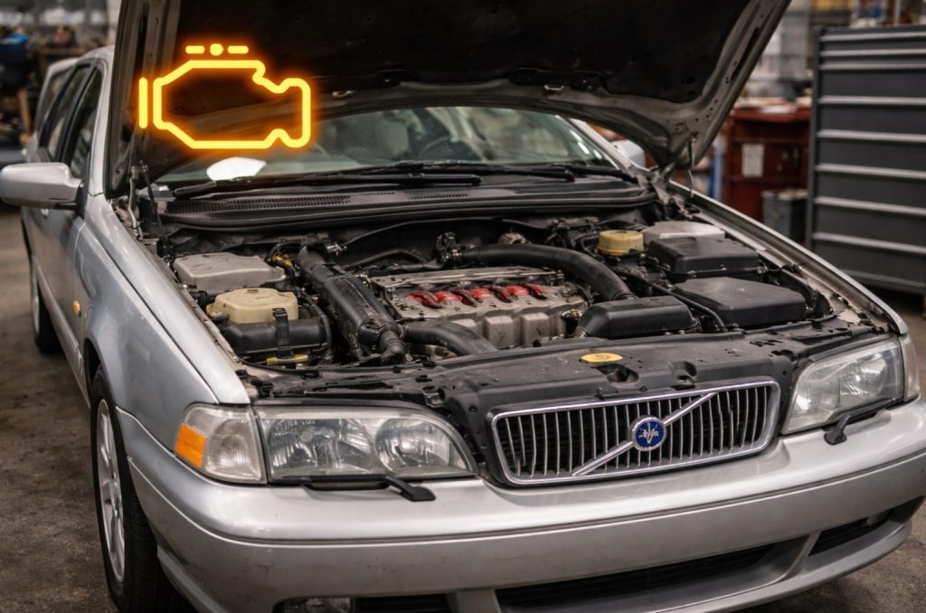 older model volvo in grand haven with the hood open so we can find out why the check engine light is on.